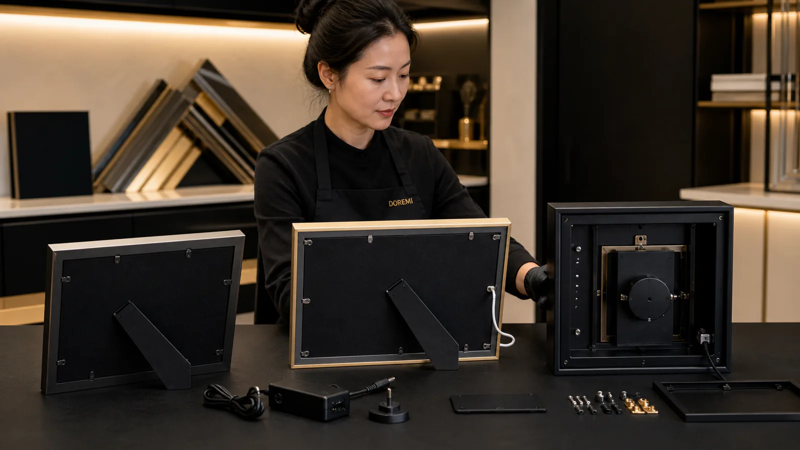 DOREMI product engineer comparing passive, illuminated and powered display-frame rear constructions before an EU scope decision