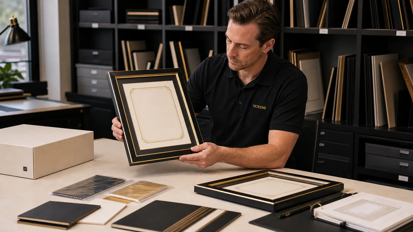 DOREMI project advisor comparing a black and gold certificate frame with retained samples in a professional archive room
