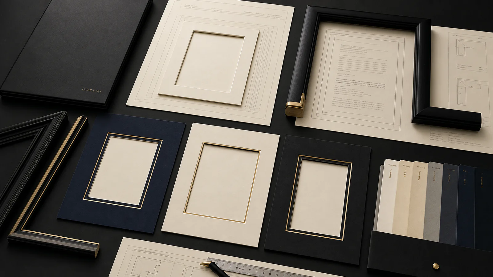 Organized certificate frame size matrix with cream and navy mat openings, black profiles and material samples