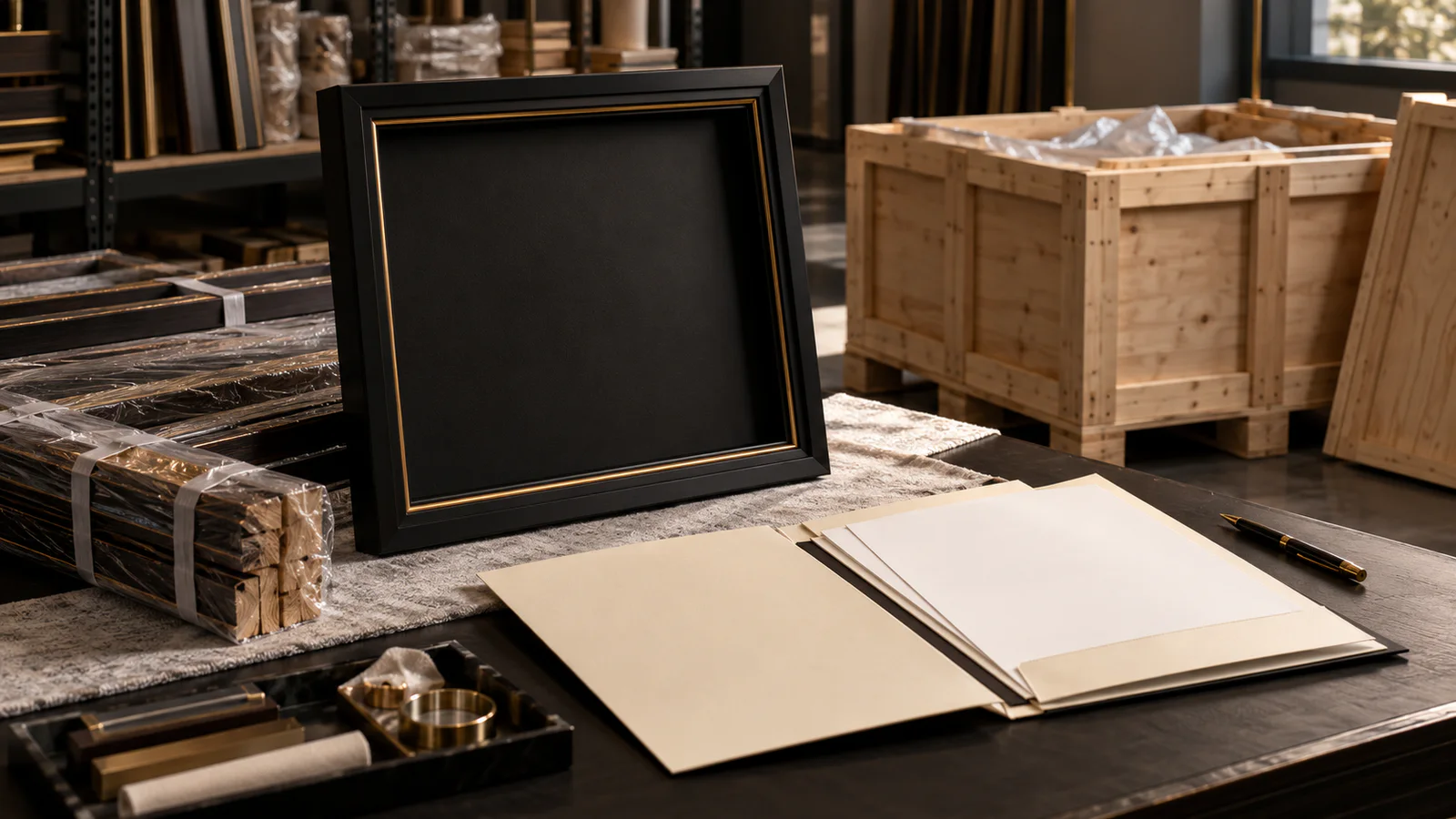 Black wooden display frame moulding, timber end-grain samples and an optical inspection station prepared for a species identification review