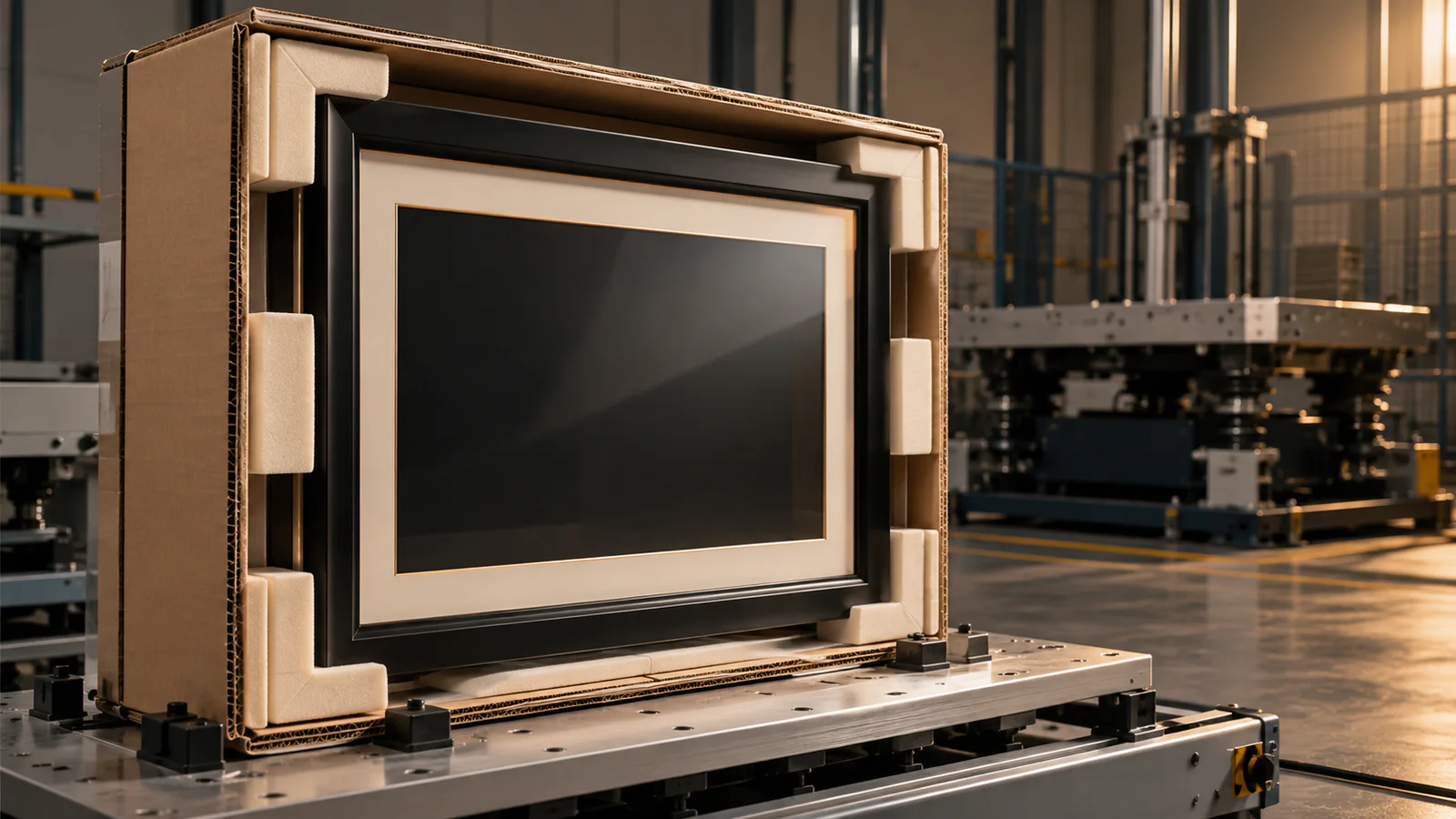 Finished black wooden display frame, protected moulding bundles, blank export folder and timber crate arranged for a CITES shipment handover
