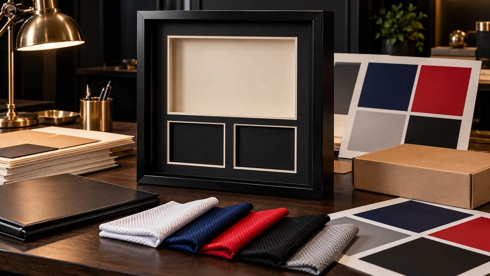 Empty black sports shadow box, plain athletic mesh swatches, abstract colour panels and blank packaging prepared for artwork approval