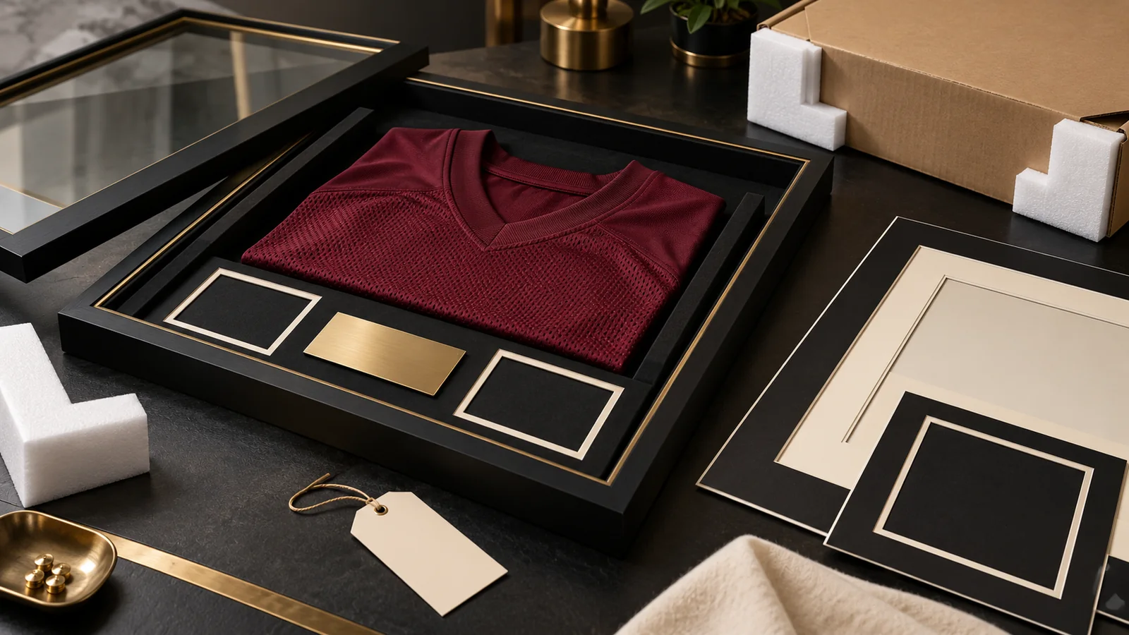 Generic burgundy jersey shadow-box quality sample with blank plaque, mat openings, packaging protectors and an unprinted hangtag