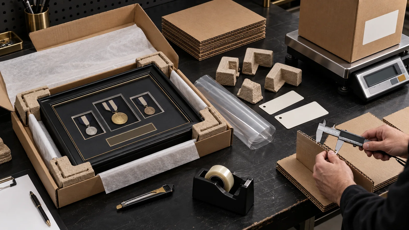 Medal display frame, carton board, molded fibre corners, protective film and tape being measured for a Colorado packaging EPR record