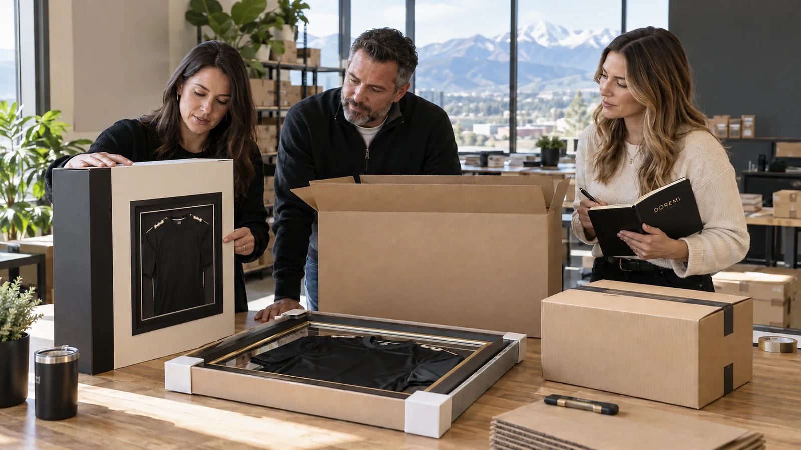 Colorado brand and ecommerce team comparing a retail jersey-frame box, master carton and parcel carton with a DOREMI project notebook