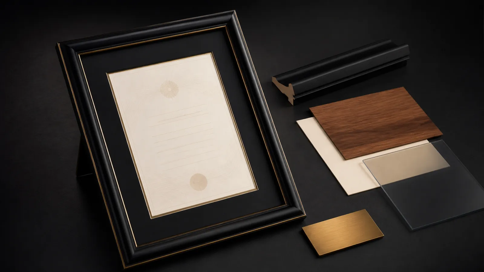 Premium certificate display frame with black, walnut and brass material samples