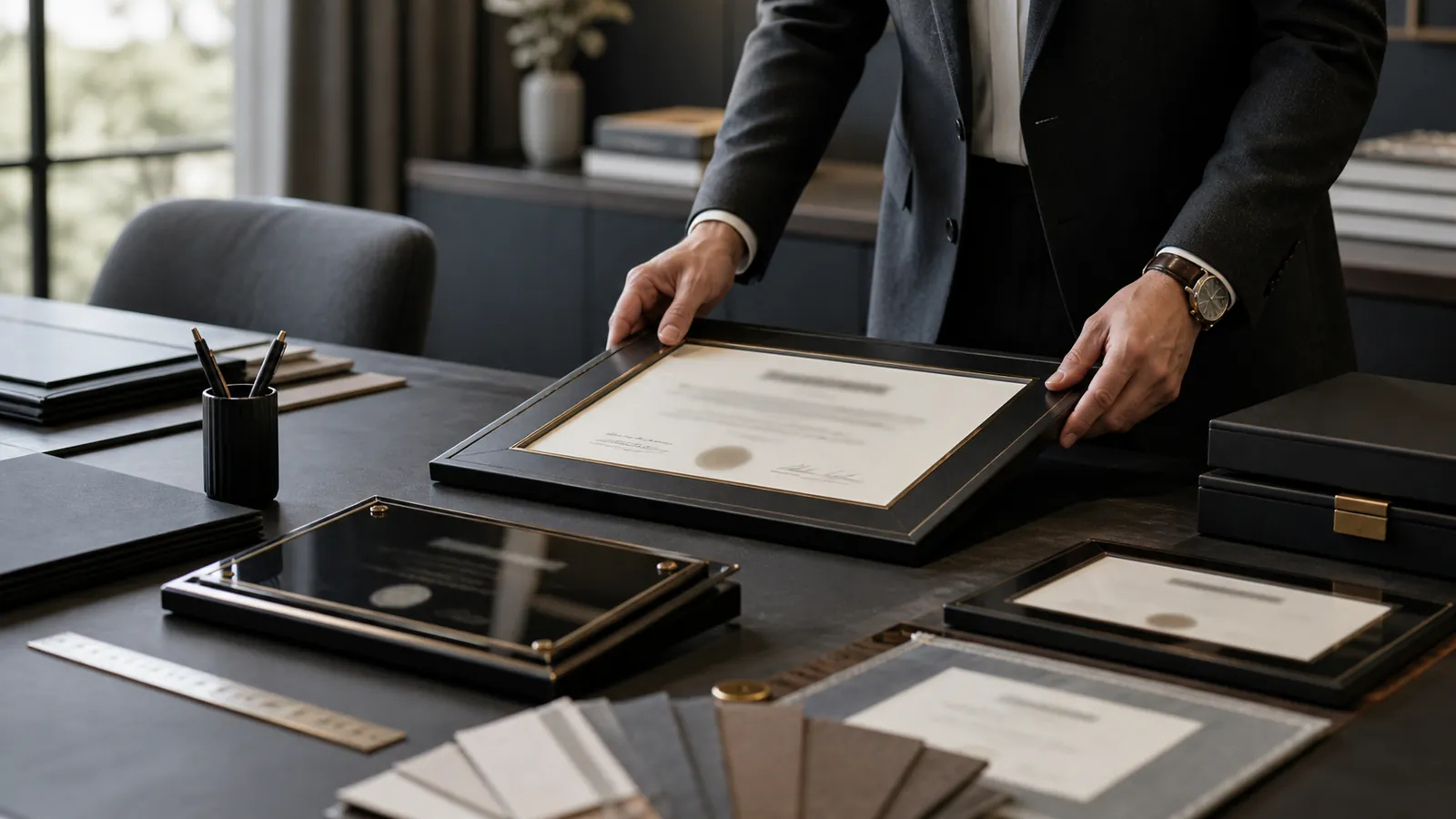 Project manager reviewing premium certificate frames and presentation materials