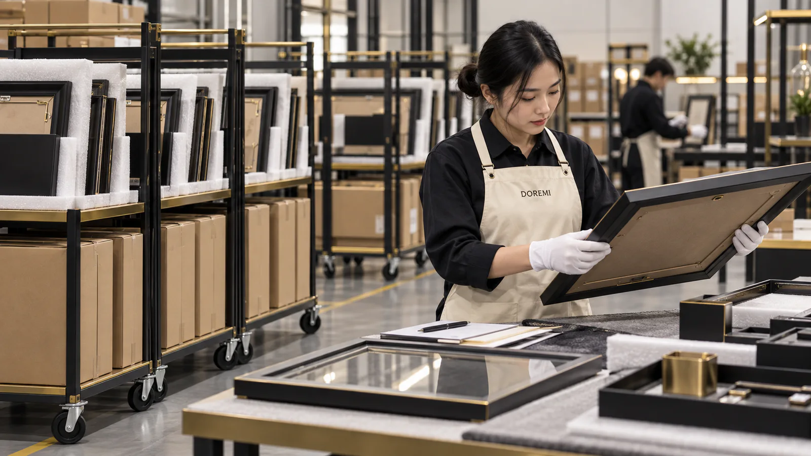 DOREMI worker inspecting segregated returned display frames and cartons in an organized reverse-logistics area