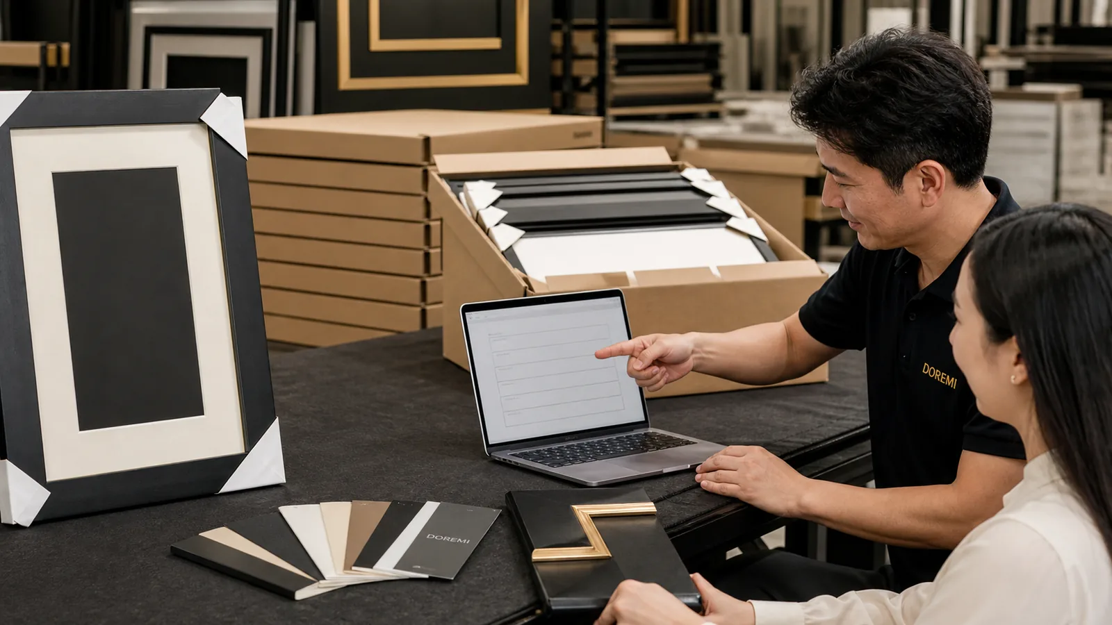 DOREMI factory coordinator and importer reviewing blank certificate-data fields beside packed black-and-cream display frames
