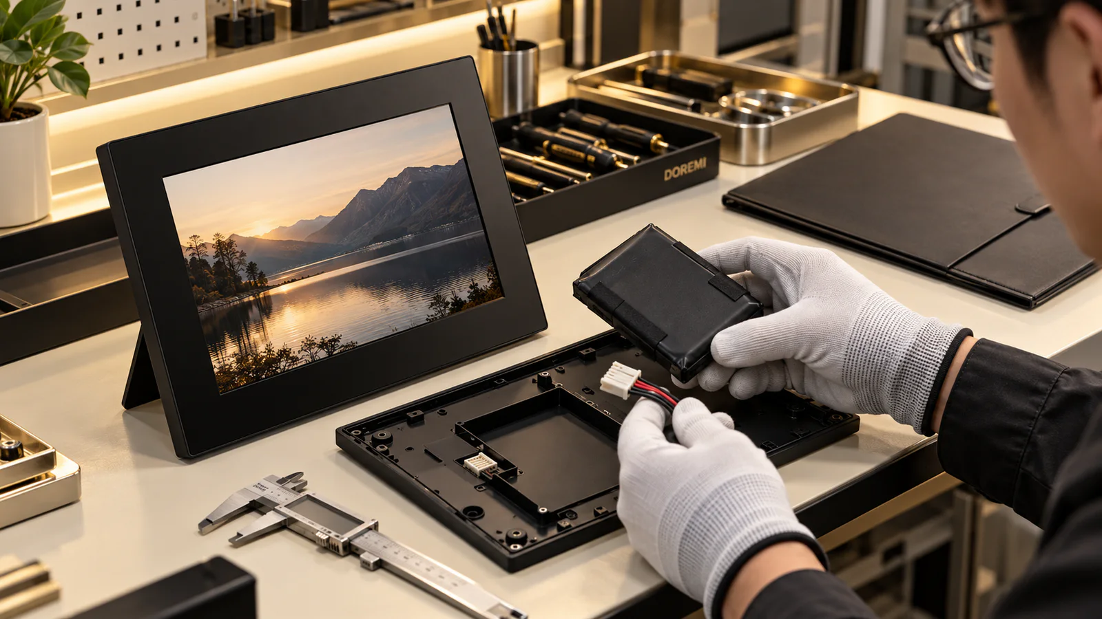 DOREMI electronics engineer reviewing a rechargeable digital display frame, battery module and neutral transport document folder