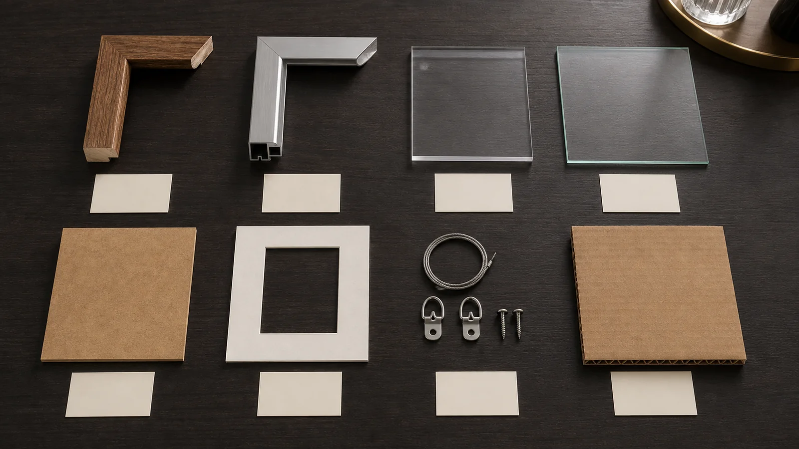 Wood, aluminium, acrylic, glass, backing, mat, hardware and carton components arranged for a display-frame customs review