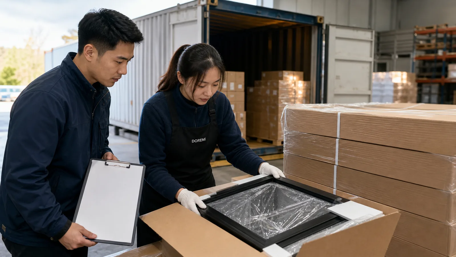 DOREMI quality adviser and warehouse receiver inspecting a protected black display frame and dry cartons after container arrival