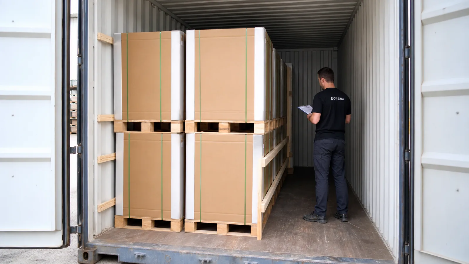 DOREMI warehouse technician checking evenly distributed protected display-frame cartons secured inside a clean freight container