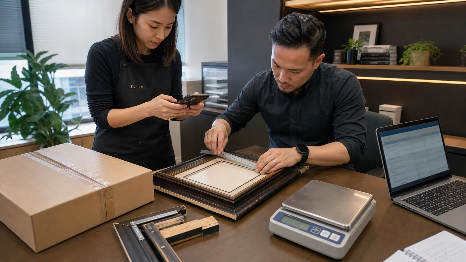 DOREMI coordinator and customs specialist measuring and photographing a mixed-material display frame for an evidence pack
