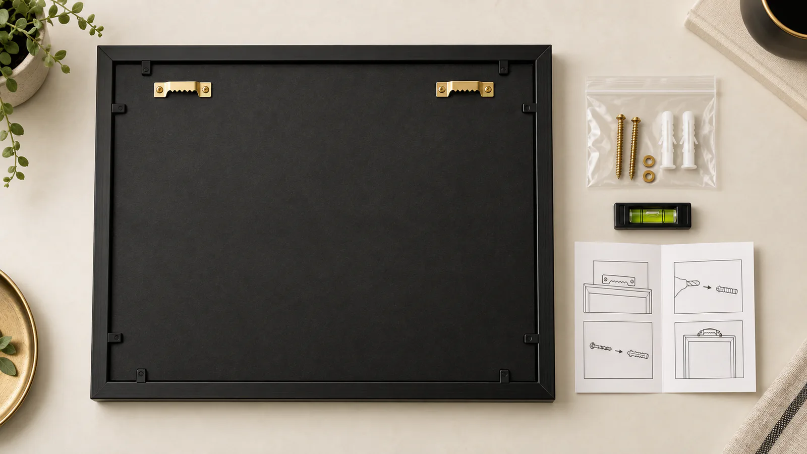Back of a black wall display frame with hanging brackets, fastener pouch, level and nonverbal instruction diagrams