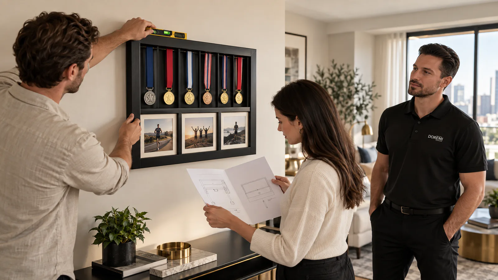 Private-label team and DOREMI advisor observing a user level a wall-mounted medal and photo display frame