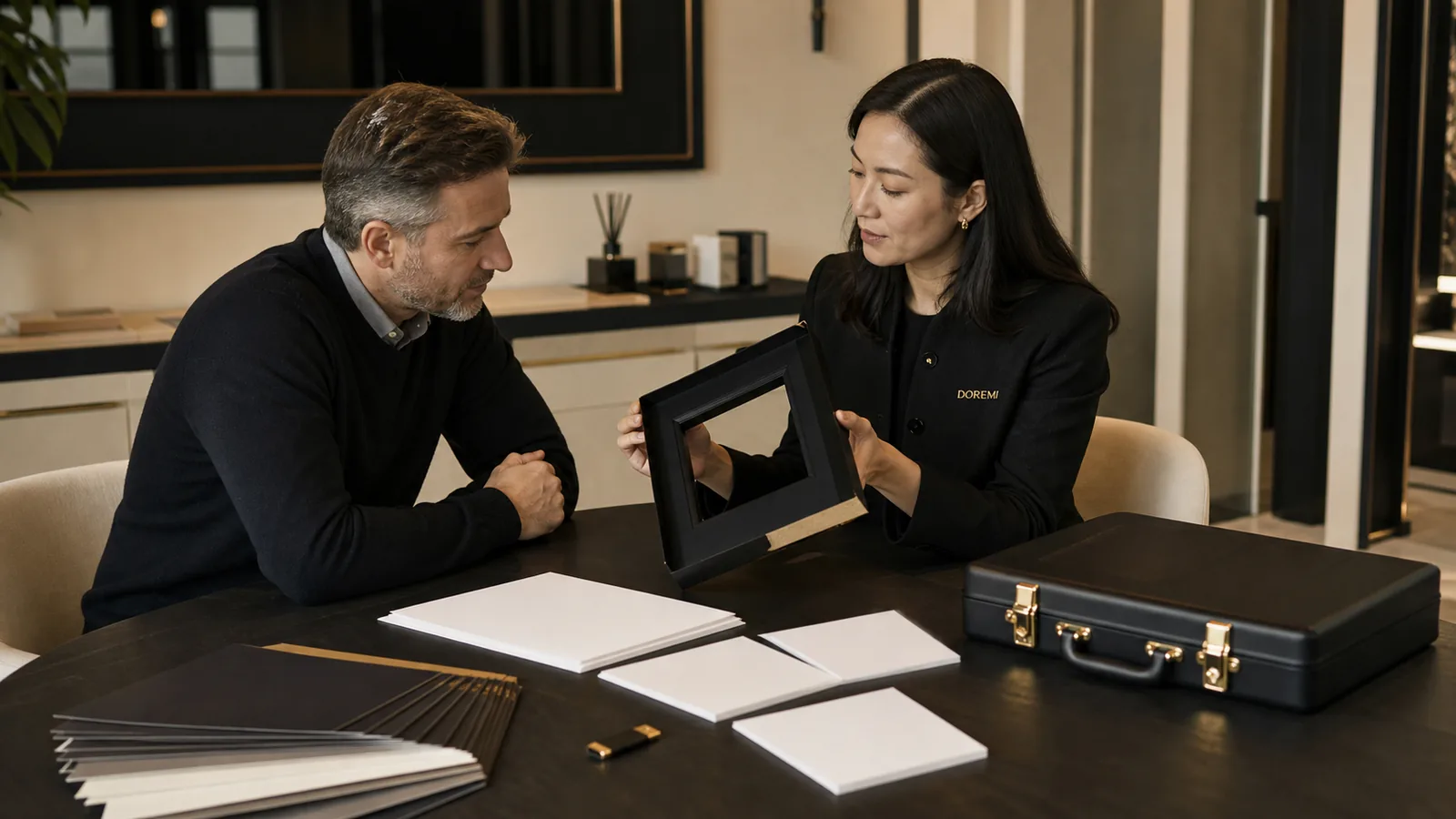 Brand buyer and DOREMI advisor mapping logo files, a custom black display-frame profile, blank artwork sheets and tooling ownership