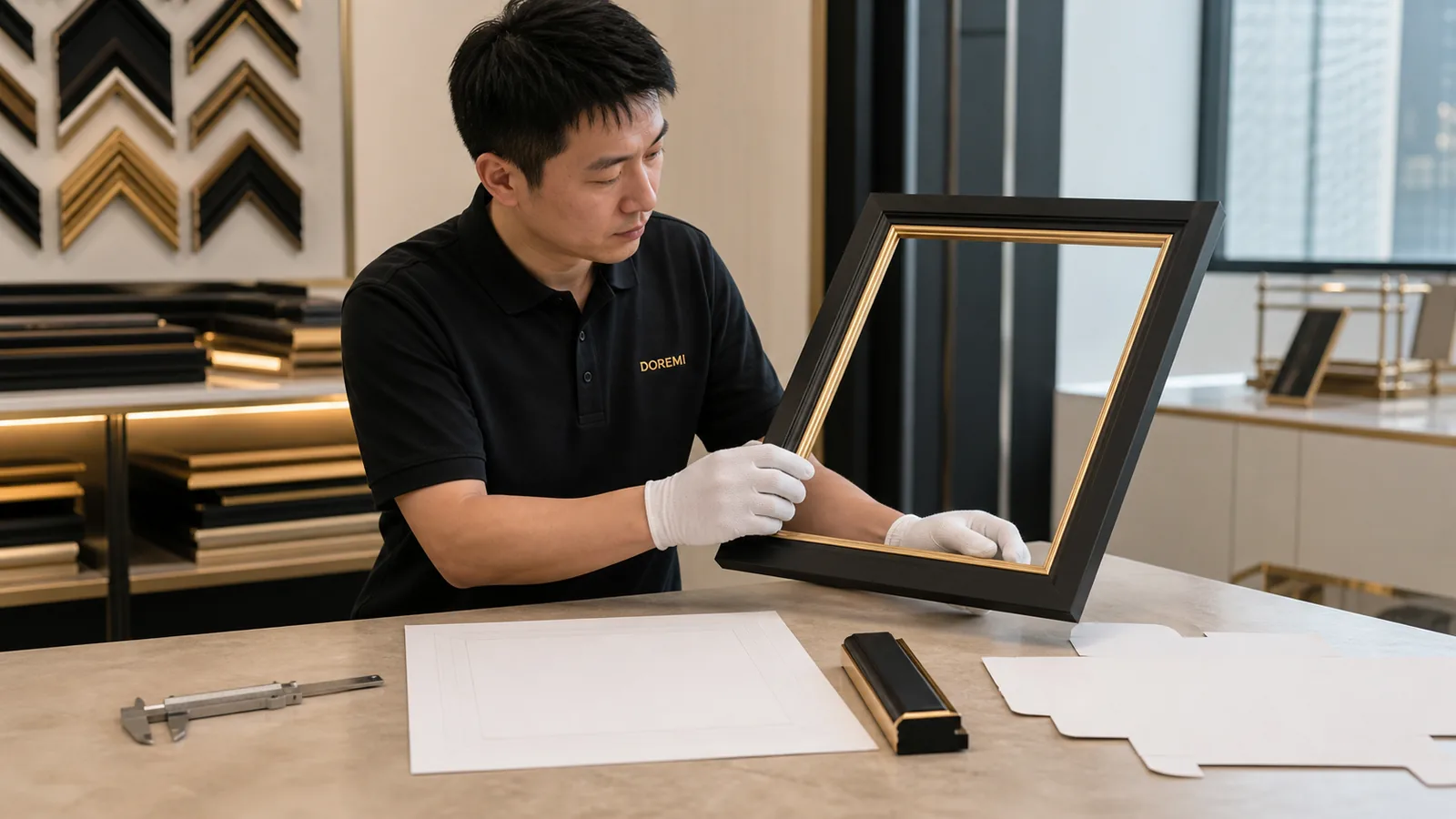 DOREMI manufacturing specialist checking a black-and-gold display-frame sample beside controlled CAD, packaging and approval files