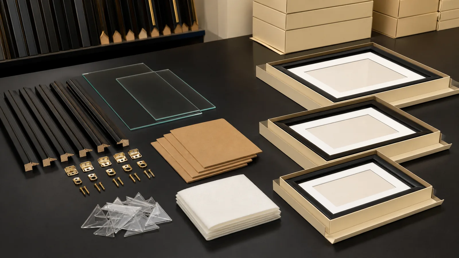 Common black frame mouldings, glazing, backing and packaging prepared for several custom display-frame pilot SKUs
