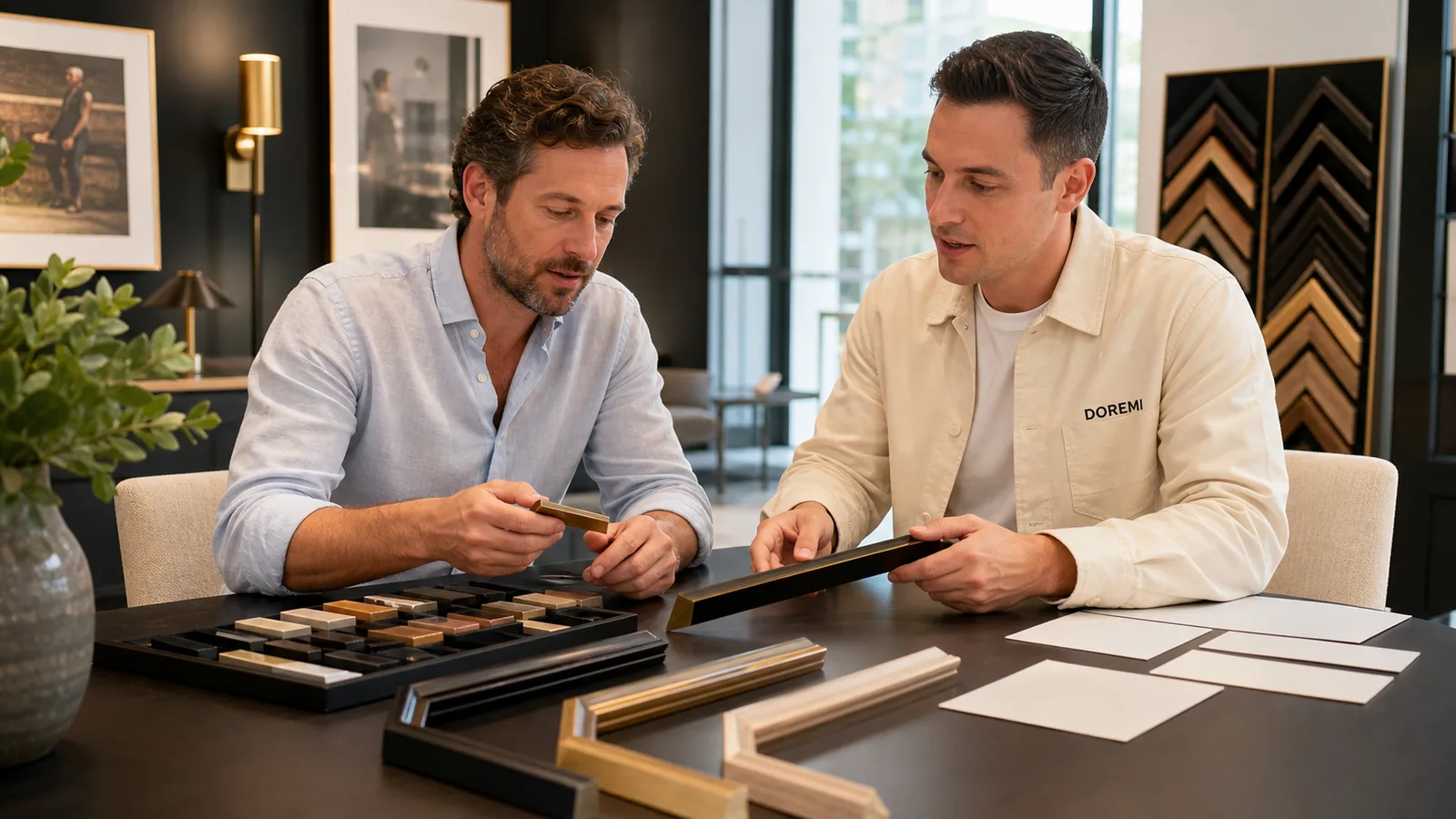 Importer and DOREMI project adviser comparing frame mouldings, finishes and blank SKU cards for a mixed assortment