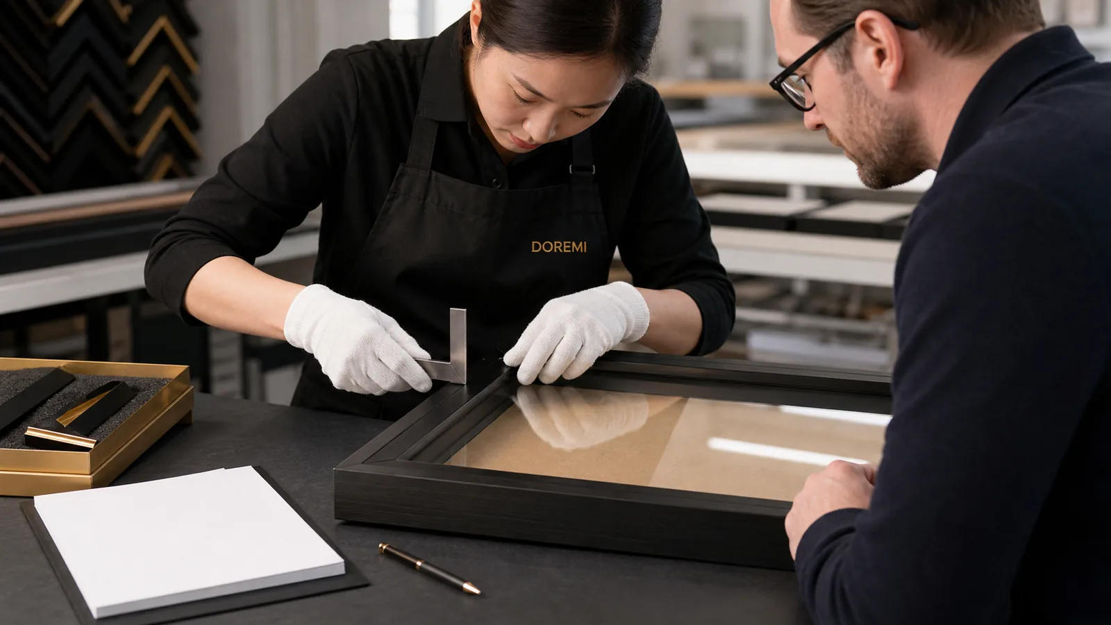 DOREMI quality technician checking a black display-frame mitre and glazing fit while an importer observes