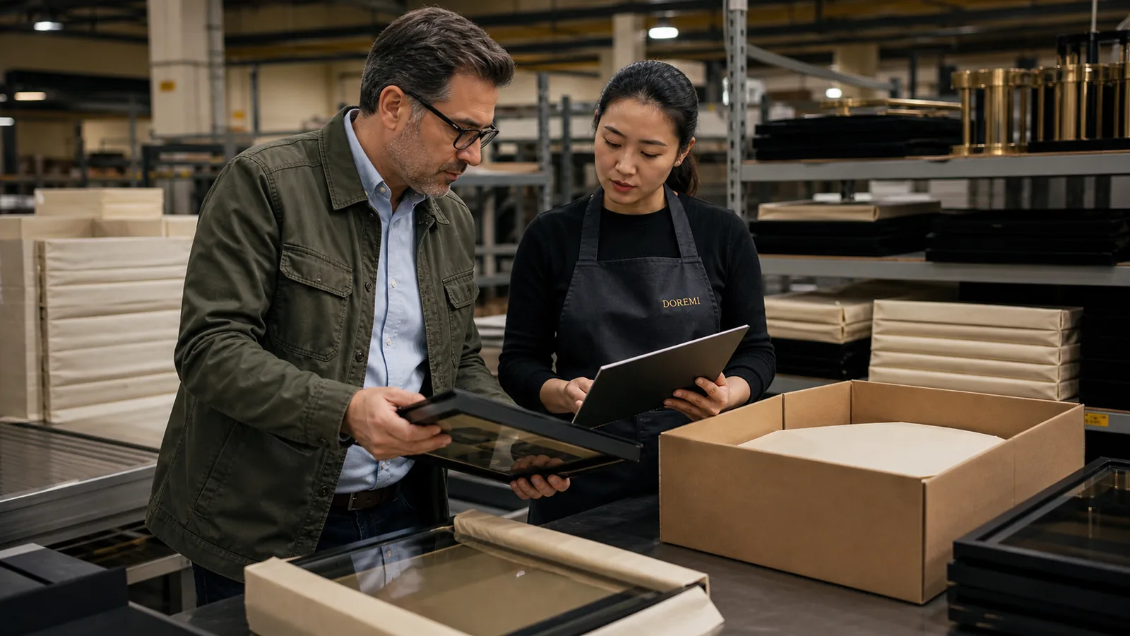 Importer and DOREMI project adviser reviewing a black display frame, protective sleeve and neutral export carton at the packing station