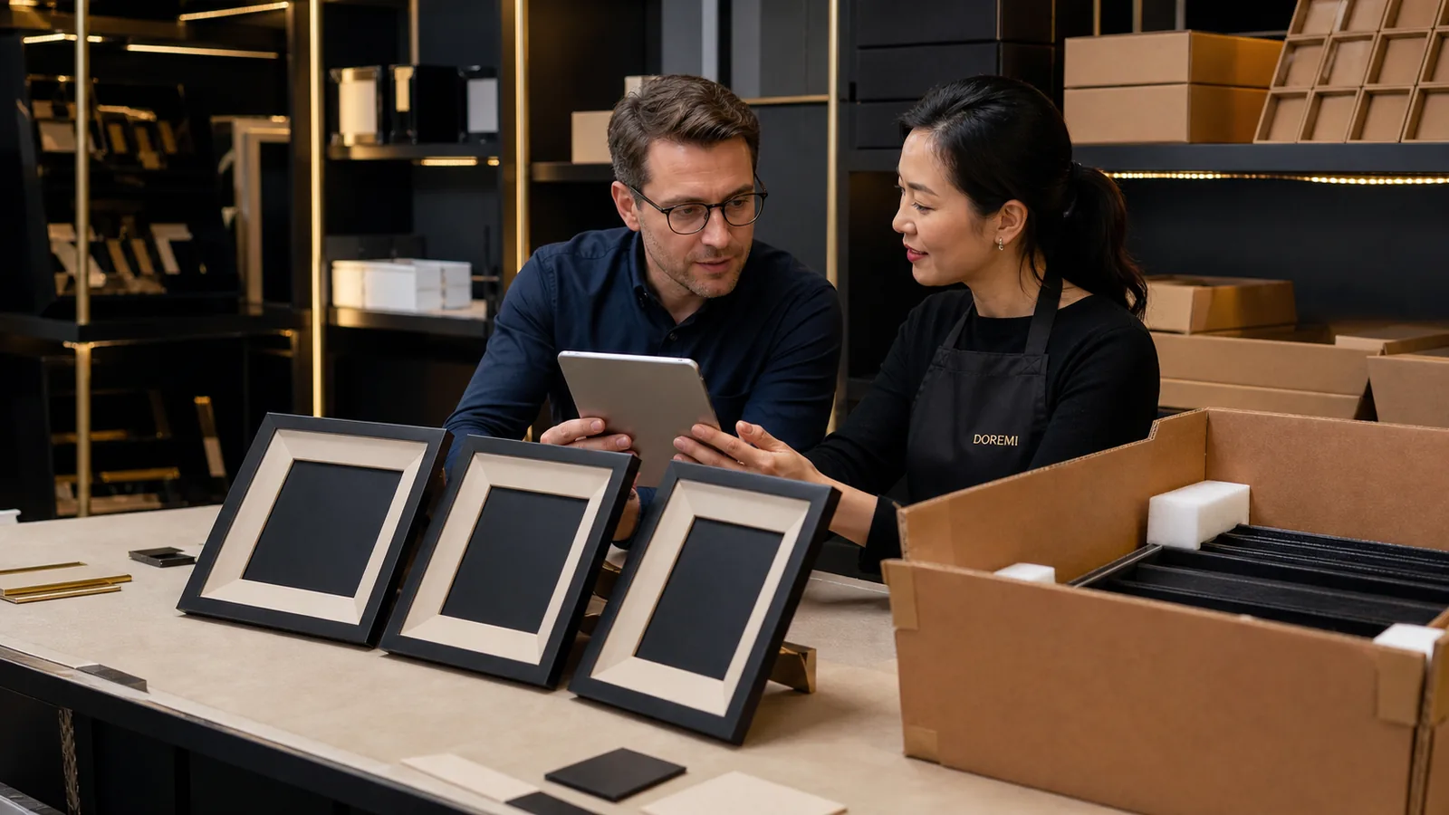 Importer and DOREMI coordinator comparing three display-frame samples, packaging and a blank batch-data dashboard
