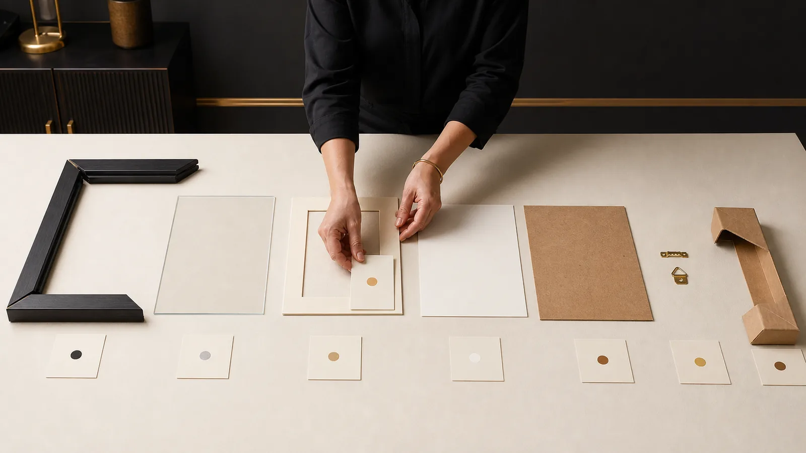 Display-frame profile, glazing, mat, insert, MDF backing, hardware and packaging arranged as a component data map