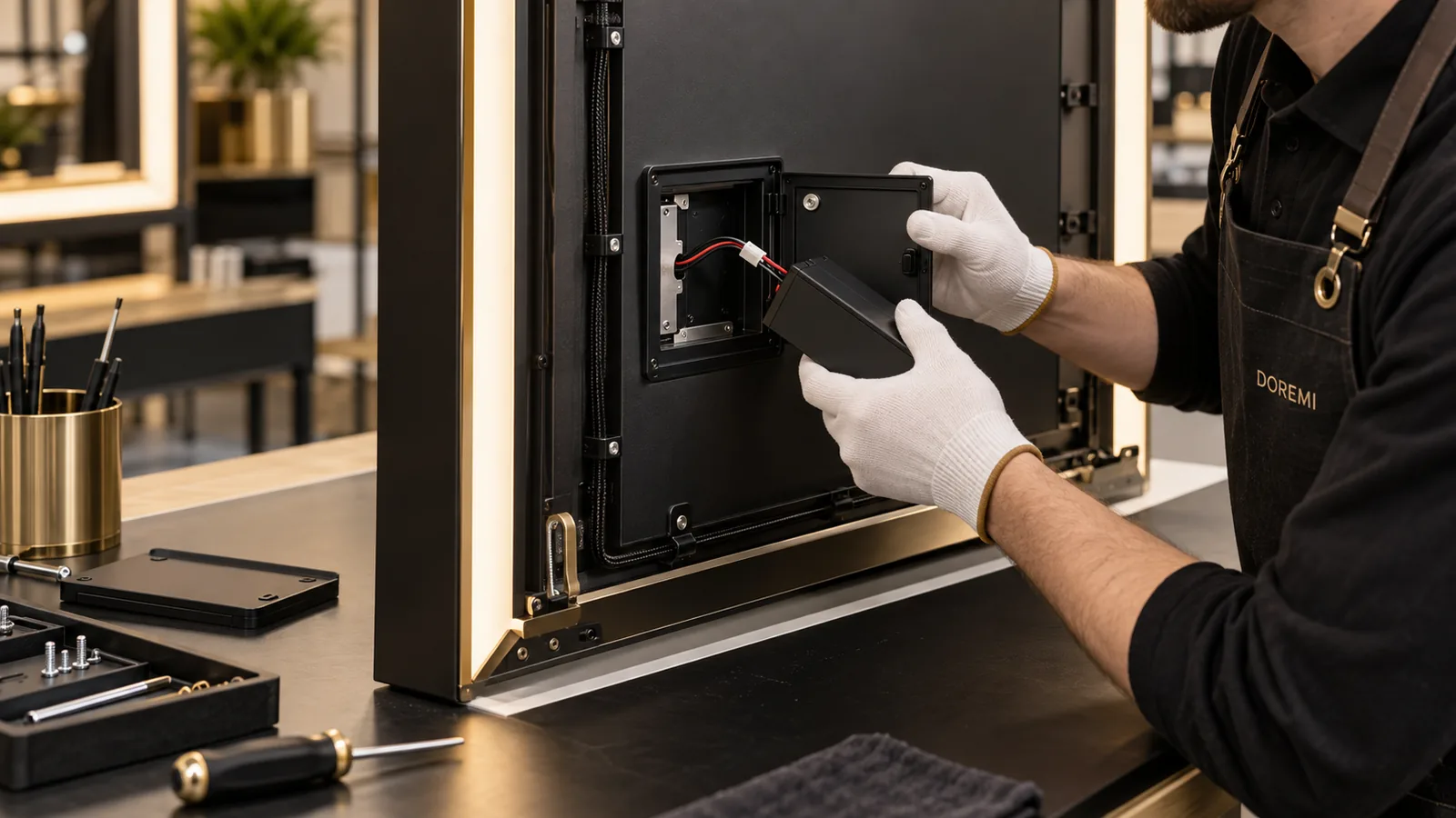 DOREMI technician removing a battery module from the accessible rear compartment of an illuminated display frame