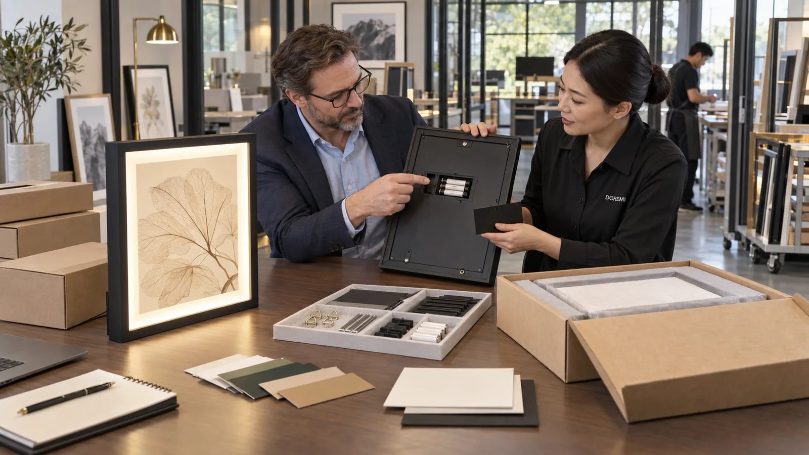 Buyer and DOREMI project advisor reviewing battery access, neutral components and packaging for illuminated display frames