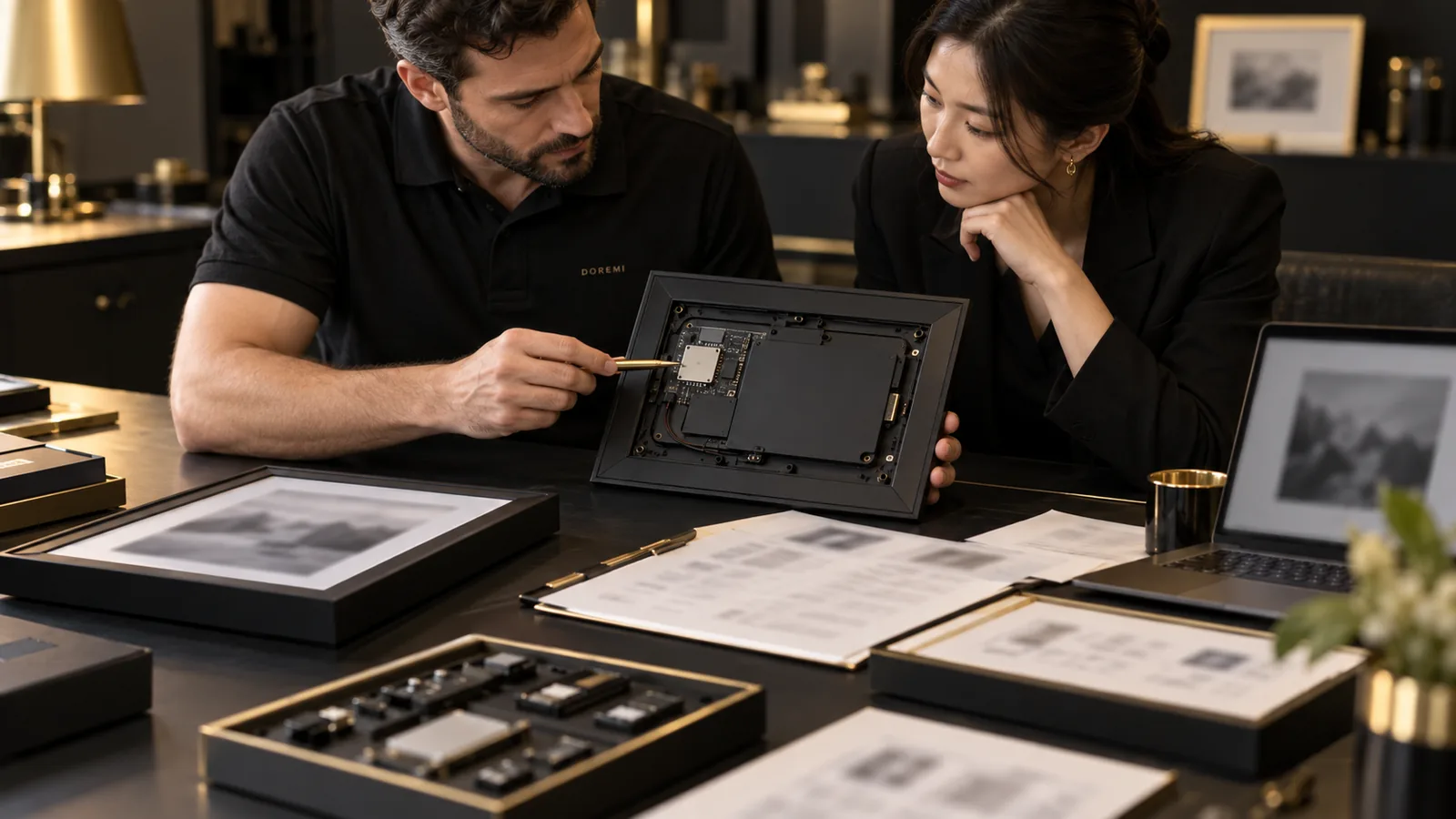 DOREMI engineer and buyer reviewing the rear electronics and firmware handover for a connected digital display frame