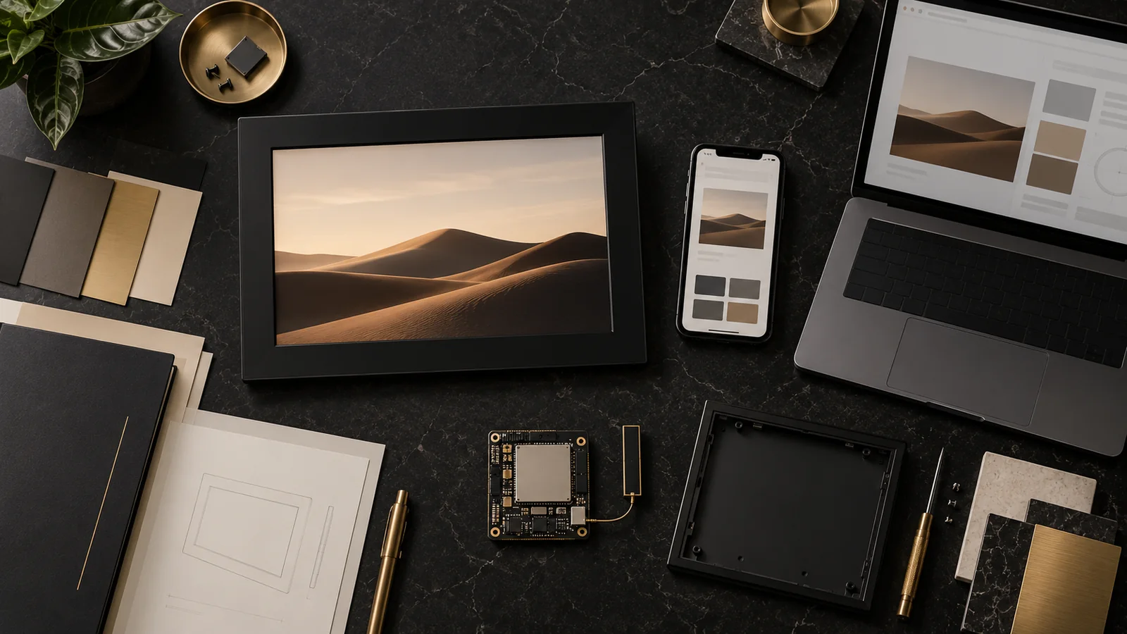 Premium connected digital photo frame, wireless module and abstract app interfaces arranged for an EU product-data mapping review