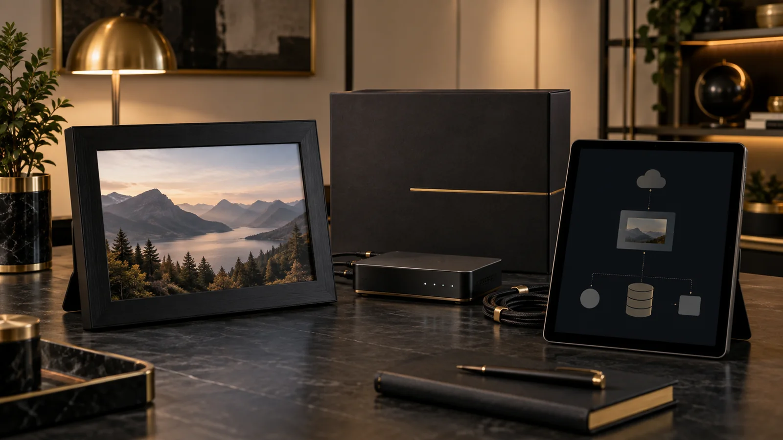Black digital photo frame, network hardware and abstract data diagram prepared for a connected service handover