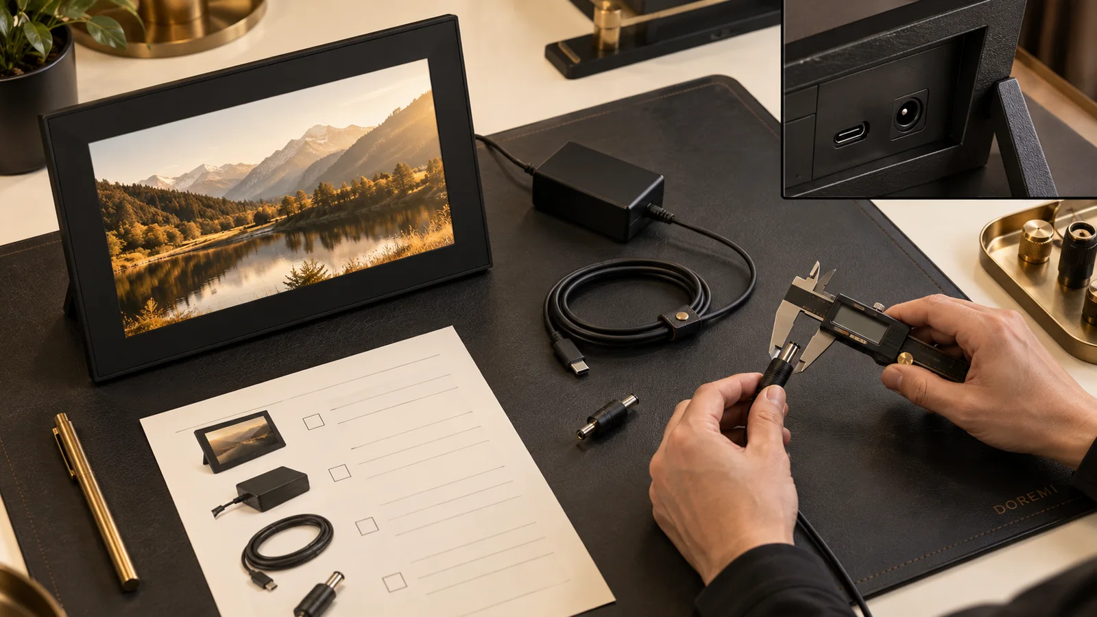 DOREMI engineer reviewing a digital display frame, external adapter, USB-C cable and controlled power specification