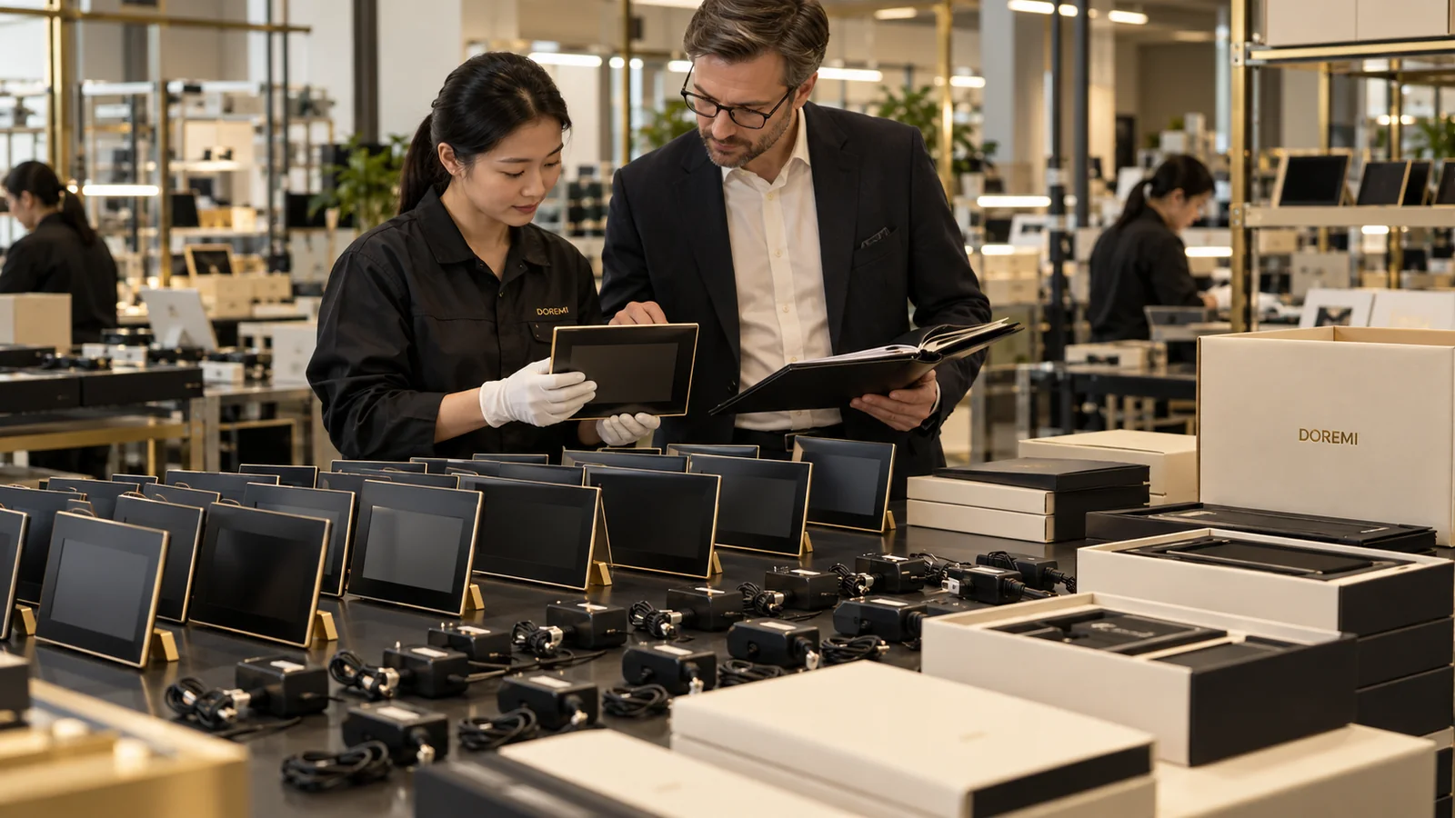 EU buyer and DOREMI production team reconciling digital display frames, external adapters and neutral test folders