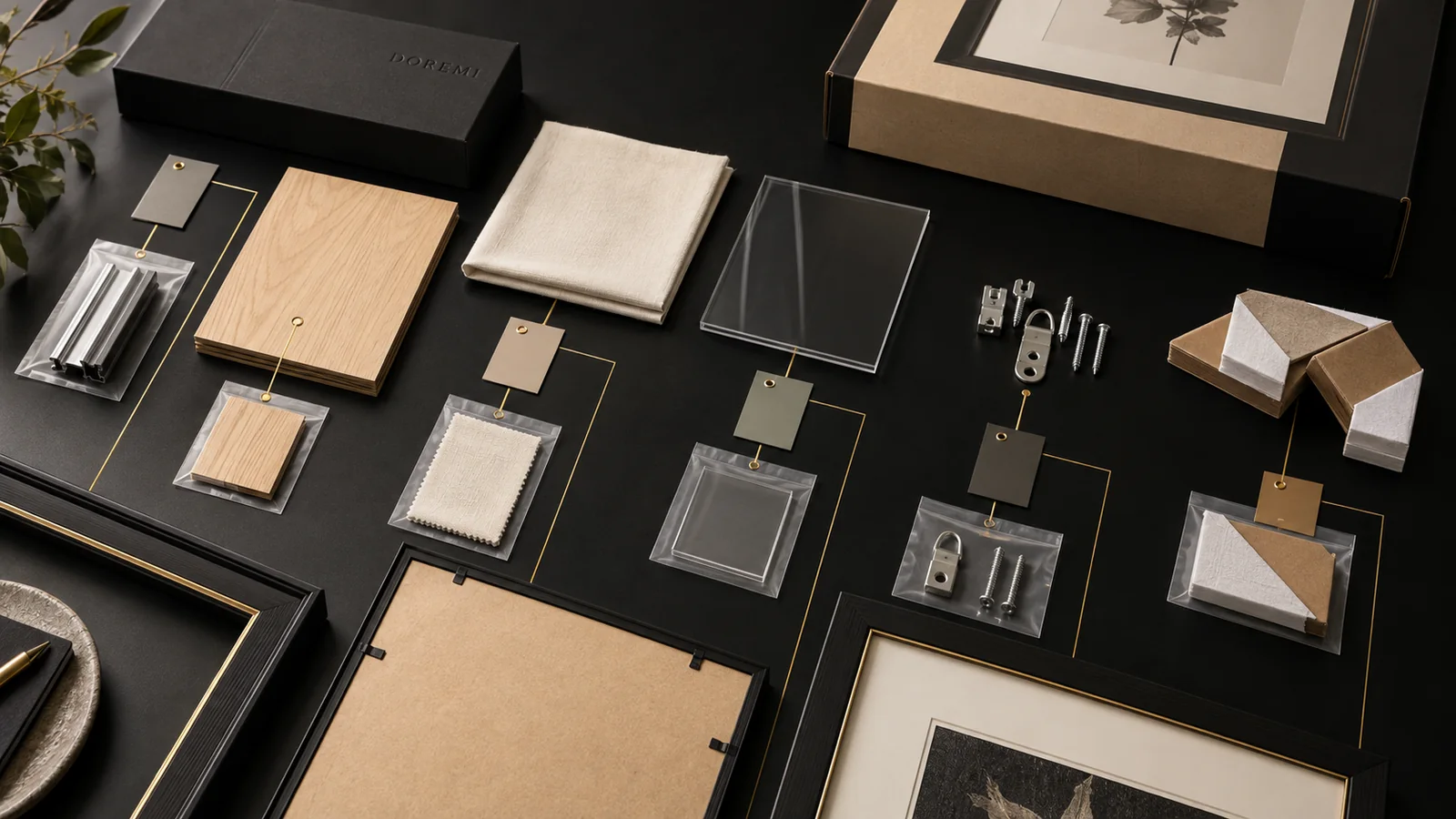 Display-frame profiles, timber backing, mounting textile, acrylic glazing, hardware and paper corners arranged as a component-level sourcing map