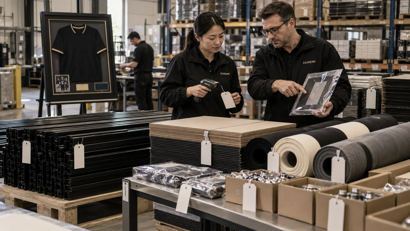 DOREMI sourcing team checking blank lot tags across black frame profiles, backing boards, textile rolls, hardware cartons and a jersey display frame
