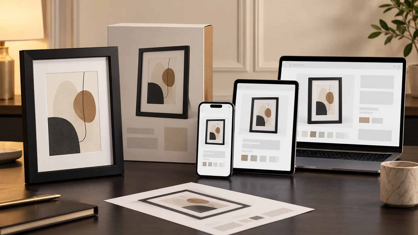 Black display frame, retail carton, phone, tablet and laptop with matching abstract product cards arranged for a multi-channel listing review