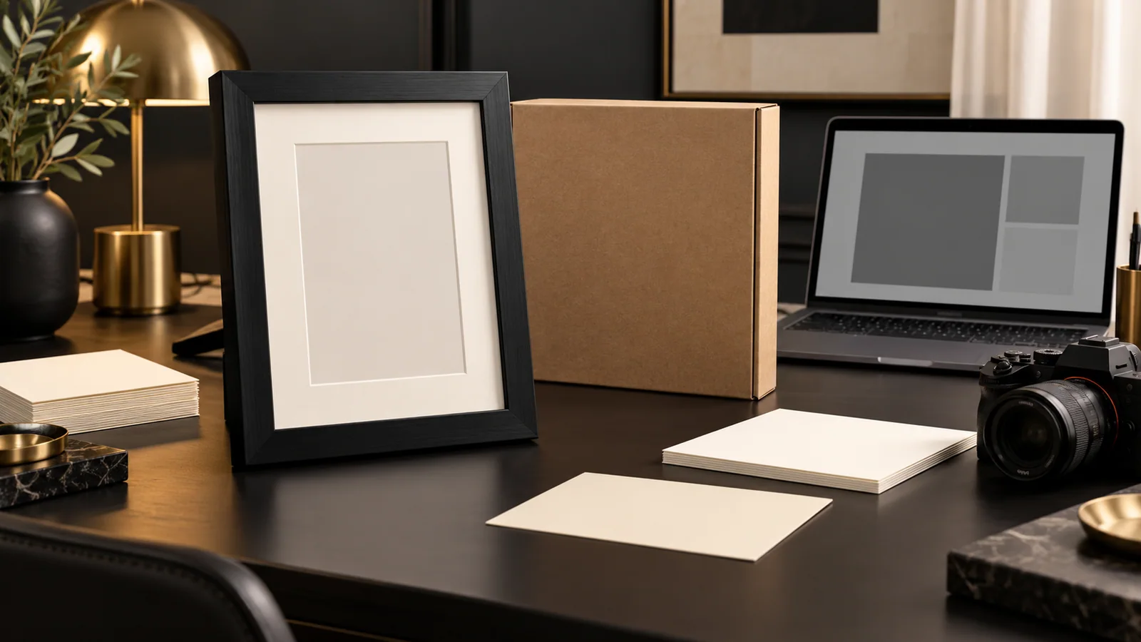 Black display frame, plain carton, blank product cards, camera and laptop with abstract product blocks arranged for an EU online-offer identity handover