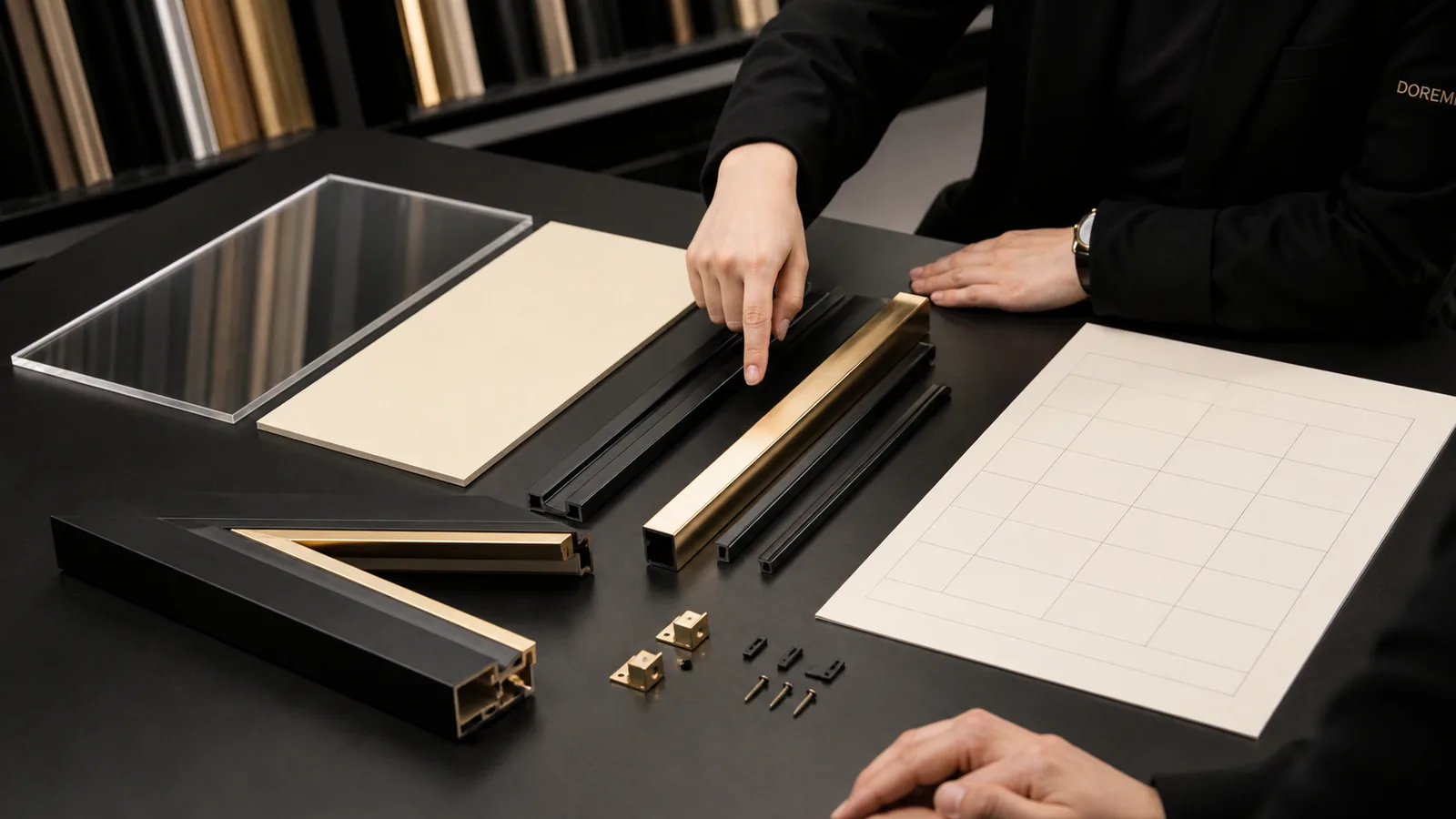 DOREMI specialist checking black and cream display-frame components beside a clean claim-evidence matrix with no invented labels