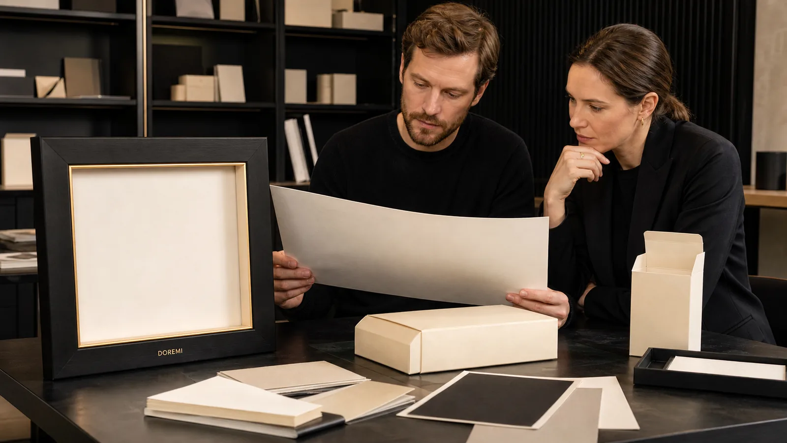 Private-label buyer and DOREMI advisor reviewing a cream display-frame carton, material swatches and blank environmental-claim checklist