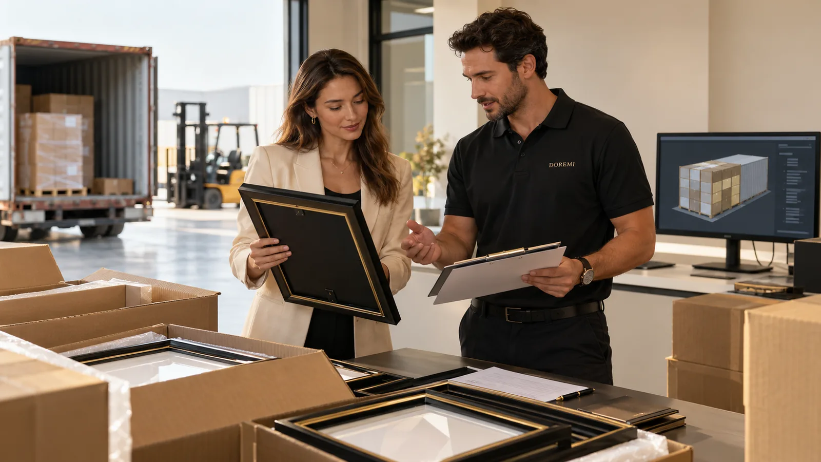 DOREMI logistics specialist and European buyer reviewing premium display frames and export packaging for an ICS2 data handover