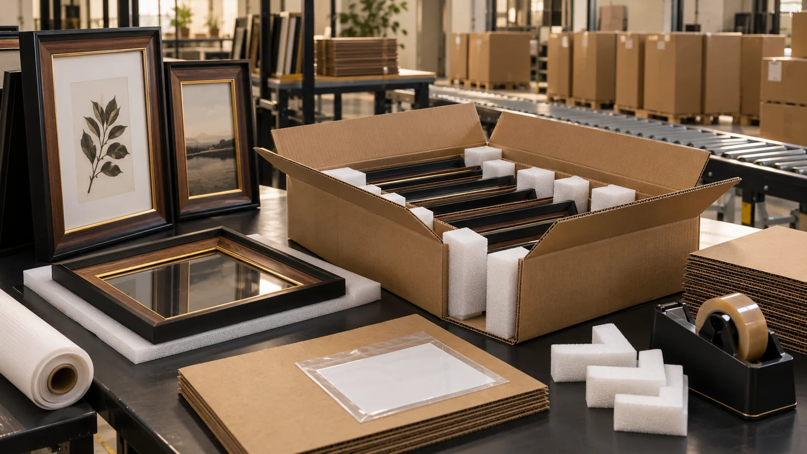 Premium black and walnut display frames arranged with protective export packaging for an EU cargo-data handover