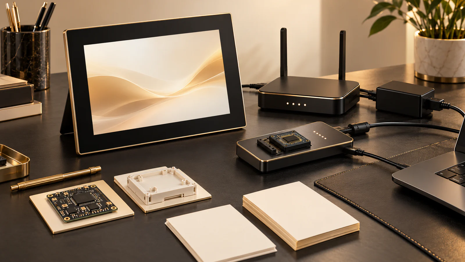 Wi-Fi digital photo frame beside router, firmware device and blank revision cards for a networked standby handover