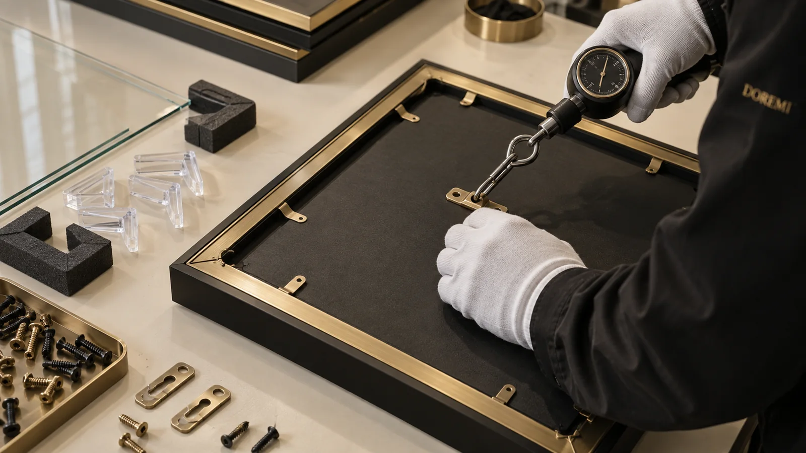 DOREMI technician performing a pull check on the rear hanging hardware of a black and gold display frame beside glazing and fastener samples