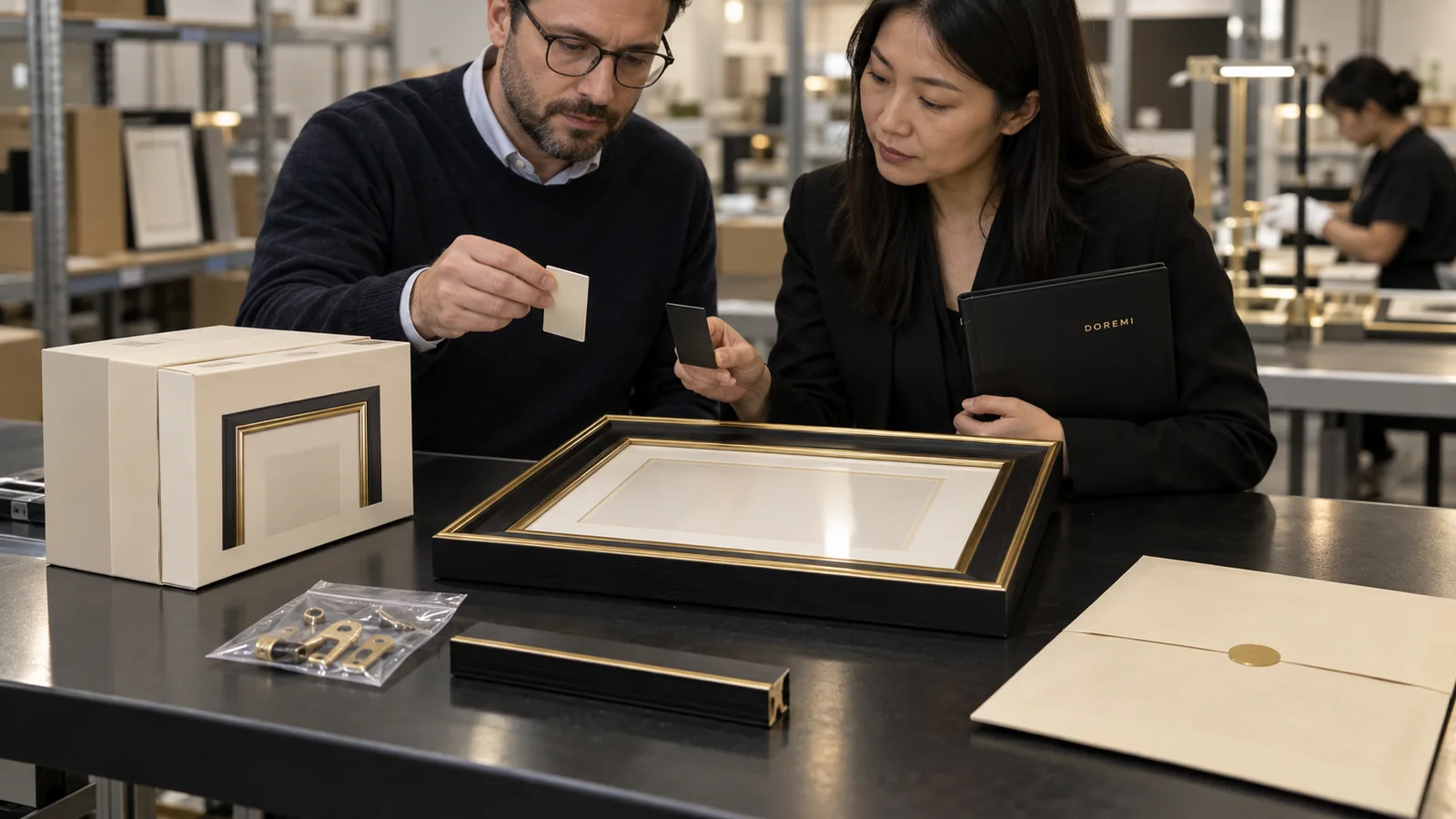 European buyer and DOREMI project advisor reviewing a black display frame, retail carton, retained component sample and hardware pouch for product traceability