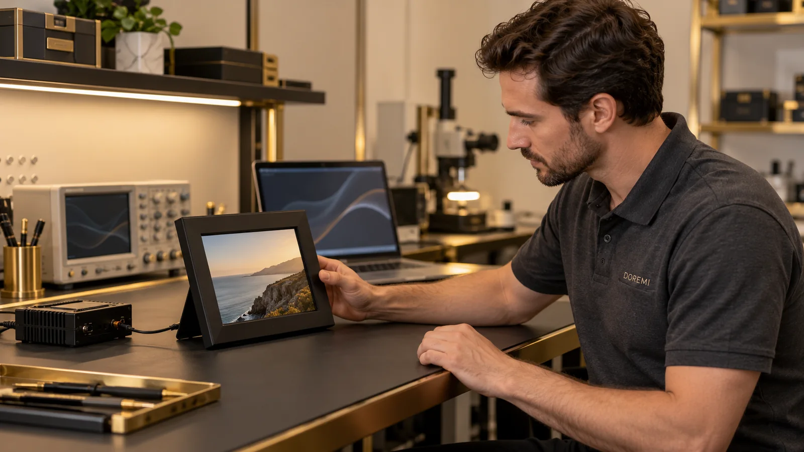 DOREMI engineer reviewing a connected digital photo frame and test fixture in a premium electronics laboratory