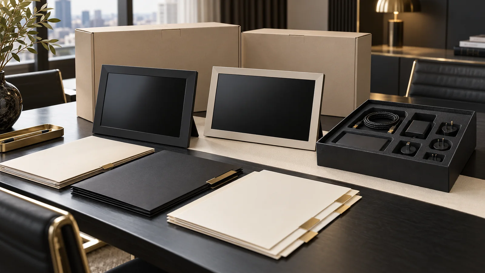 Premium digital photo frame samples, blank technical folders and export packaging arranged for an EU cybersecurity handover