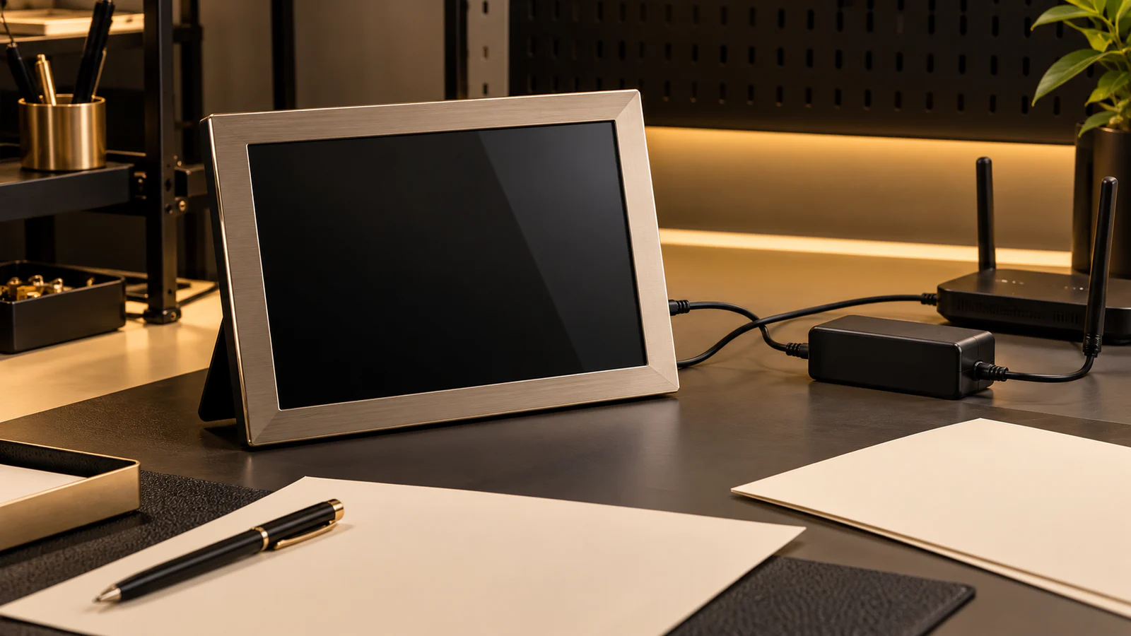 Wi-Fi digital photo frame, power analyzer, router and blank test sheets on a black and cream laboratory bench for EU standby mode evaluation