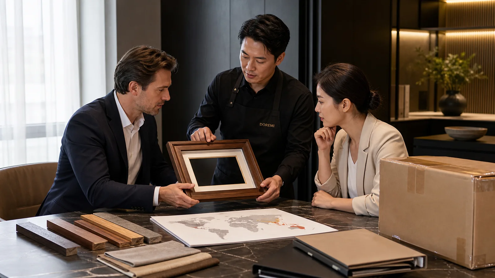 EU importer and DOREMI supplier representative reviewing a walnut display frame with timber samples and a source map